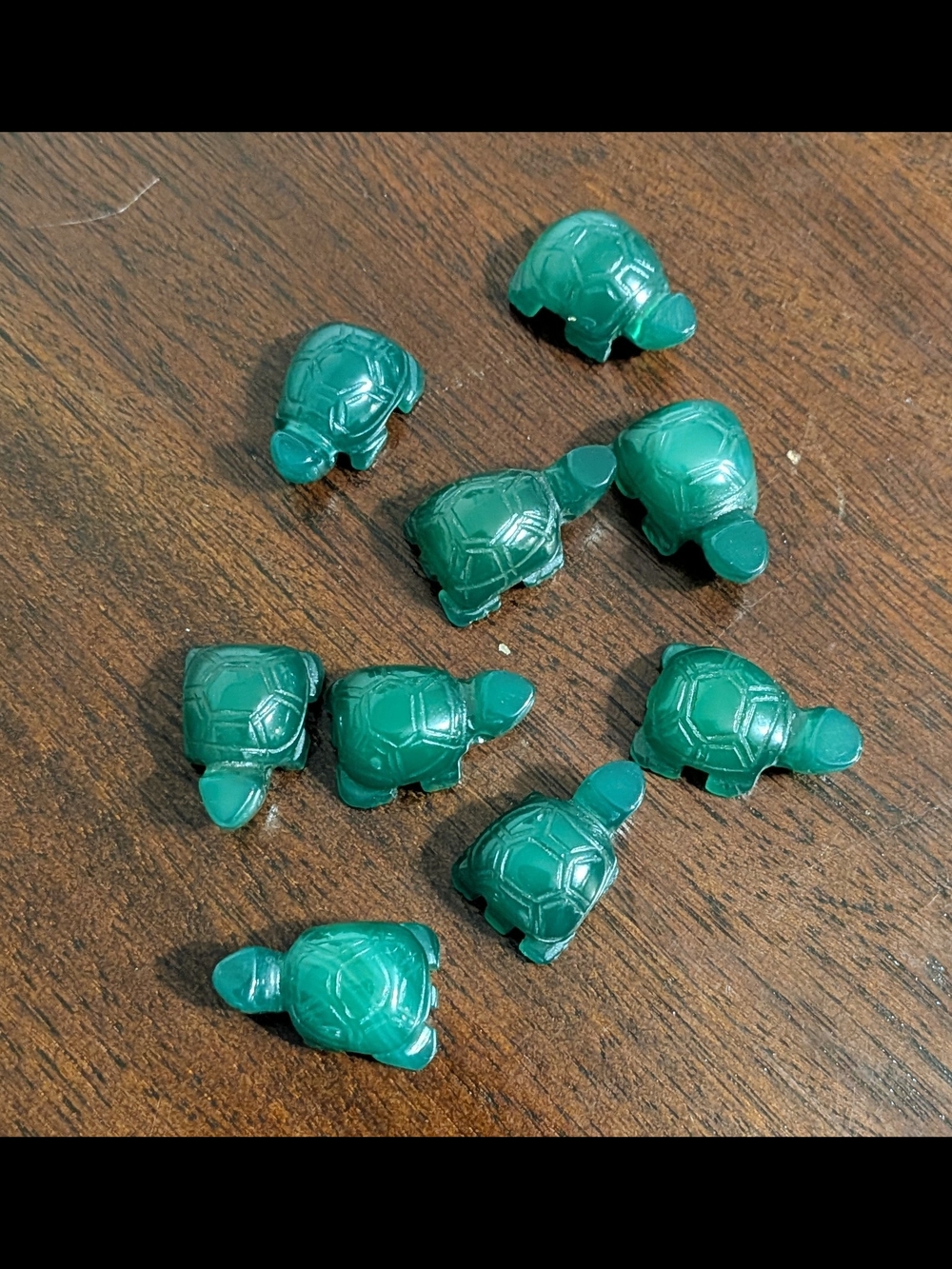 Turtle Beads Carved Green Glass, Lot of 9, Approx 22mm, 7/8" Jewelry Design